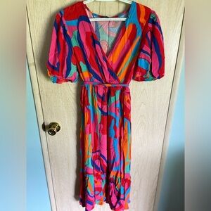 Cassee’s Psychedelic Colorful Boutique Rayon Tie Waist Dress Sz PXL